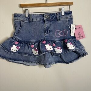 Hello Kitty Hot Topic Pink Heart Rhinestone Denim Mini Tiered Skirt Womens L